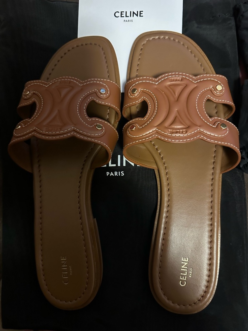 Celine Triomphe Mule 15 - Tan Brown Leather Logo Slide Sandals